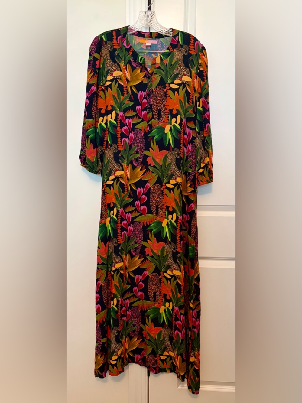 Briton Court Tropical Floral Maxi Dress in Black with Pink & Green SZ Small